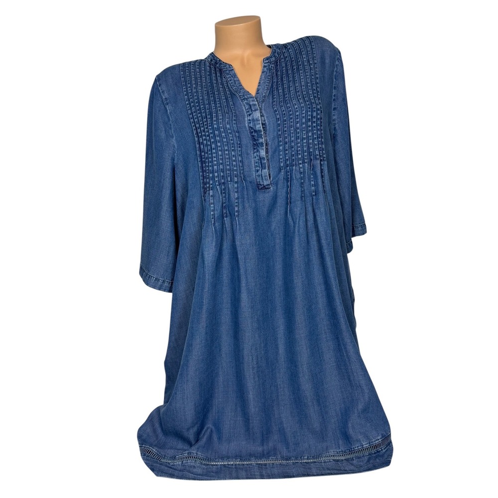 Chico's Women's Blue Lyocell Chambray Pin-tucked Tunic Dress Size 3 XL Pockets
